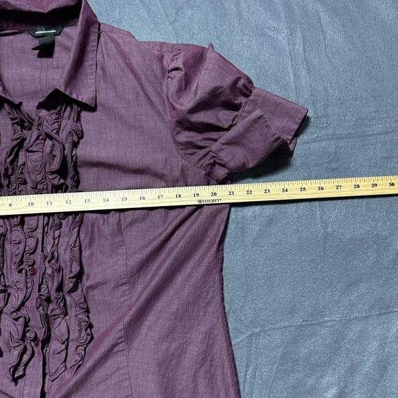 Moda International Women’s Ruffle Front Purple Short Sleeve Cotton Blouse, XL - Picture 10 of 13
